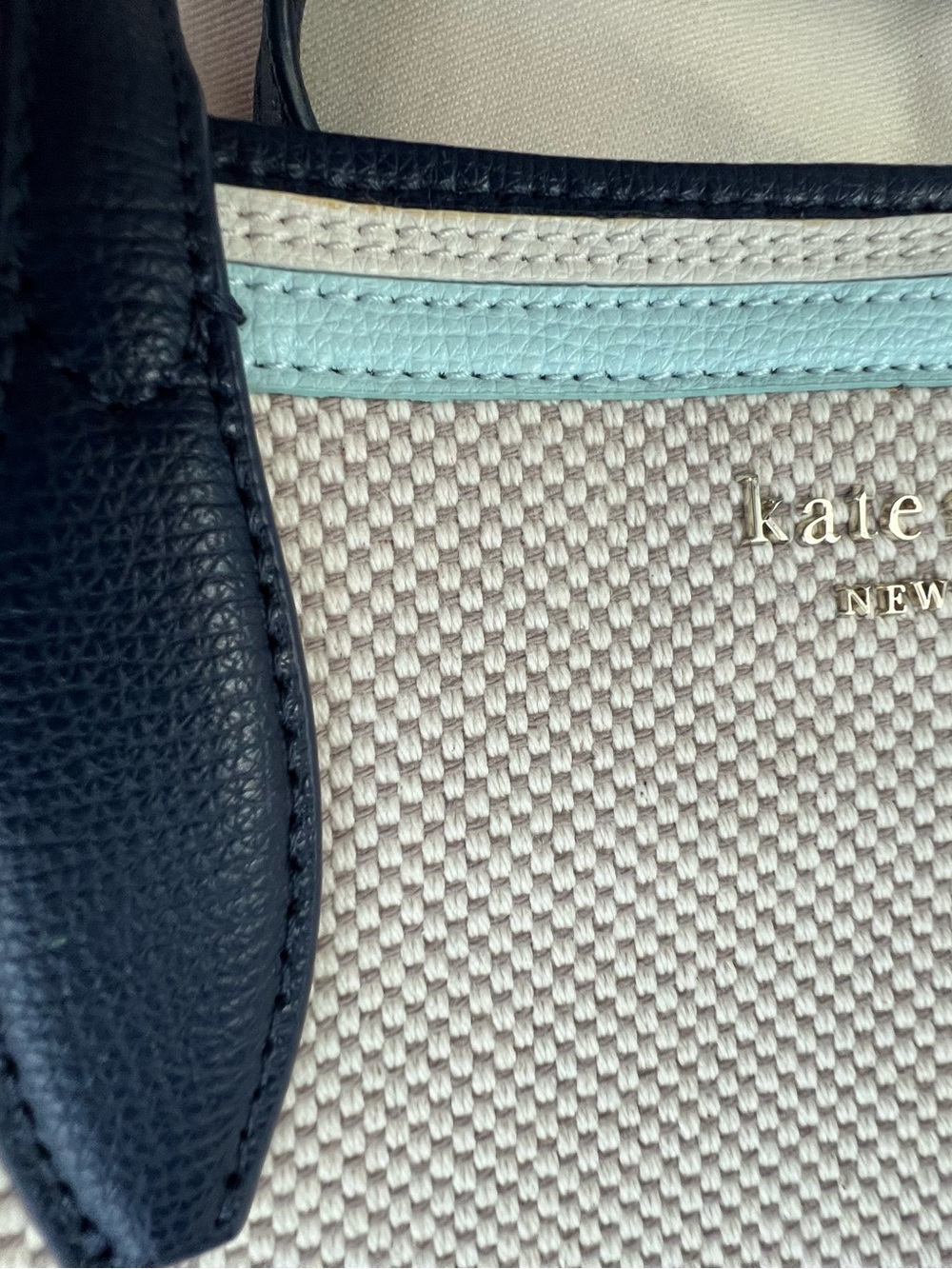kate spade Cream Canvas Tote with Navy Handles and Aqua Trim - Picture 12 of 13